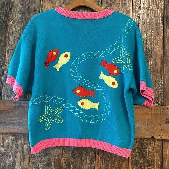Renso Fabiani 1980’s Vintage Turquoise 2 Sided Fabric Fish Short Sleeve Sweater - Picture 4 of 8